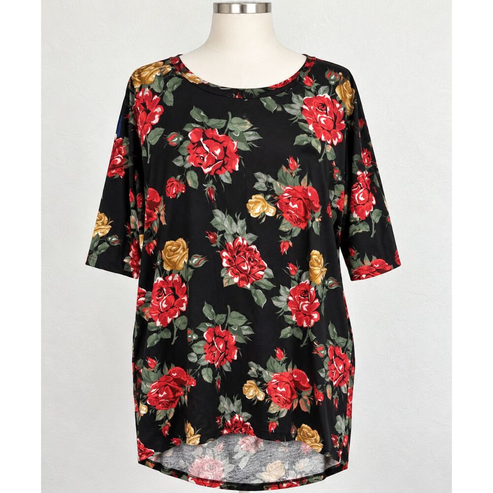 LuLaRoe Irma Women’s Large Black Red Rose Floral Tunic Top NWT